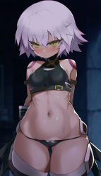  1girl arms_behind_back black_panties breasts closed_mouth covered_erect_nipples curvy facial_scar fate/apocrypha fate/grand_order fate_(series) gluteal_fold green_eyes hair_between_eyes highres jack_the_ripper_(fate/apocrypha) loli looking_at_viewer medium_breasts midriff navel panties scar scar_across_eye scar_on_cheek scar_on_face shimejinameko shiny_skin short_hair shoulder_tattoo solo standing stomach tattoo thighhighs thighs thong underwear white_hair wide_hips  rating:Questionable score:219 user:danbooru