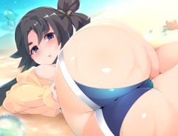  1girl ass bare_legs bikini black_hair blush crab fate/grand_order fate_(series) female_focus highres looking_at_viewer lying on_side open_mouth purple_eyes shiny_skin solo swimsuit ushiwakamaru_(fate) zamudelin  rating:Questionable score:58 user:Domestic_Importer