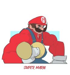 1boy alternate_muscle_size angry biceps black_cat_(series) blue_eyes frown gloves liyamou long_mustache looking_at_viewer male_focus mario mario_(series) muscular muscular_male mustache nintendo overalls parody polo_shirt short_hair solo the_super_mario_bros._movie thick_arms thick_eyebrows upper_body wrinkled_skin