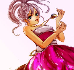  1990s_(style) 1girl bare_shoulders chain chrono_(series) chrono_trigger dress female_focus gradient_background green_eyes jewelry long_hair marle_(chrono_trigger) pendant pink_hair ponytail retro_artstyle skirt solo yasainohito 