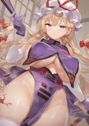  1girl ai-assisted ass blonde_hair blush breasts earrings elbow_gloves fan gloves hat huge_ass indoors jewelry large_breasts long_hair purple_eyes purple_hair rainot self-upload solo sweat thick_thighs thighhighs thighs touhou underboob very_long_hair white_gloves yakumo_yukari 