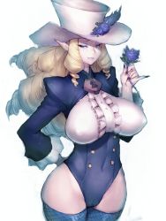 1girl adapted_costume arm_behind_back blonde_hair breasts buttons cameltoe covered_erect_nipples cowboy_shot drill_hair fang fang_out female_focus fingernails fishnets flower frills fumio_(rsqkr) gender_request genderswap go!_princess_precure grey_eyes half-closed_eyes hat hat_flower holding huge_breasts large_breasts leotard light_smile lipstick lock long_fingernails long_hair long_sleeves makeup nail_polish naughty_face pinky_out pointy_ears precure puffy_sleeves purple_flower purple_rose rose shut_(go!_princess_precure) sidelocks simple_background sketch smile solo thighhighs white_background wide_sleeves rating:Questionable score:98 user:danbooru