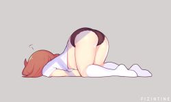  1girl =3 artist_name ass black_panties brown_hair commentary english_commentary faceplant fizintine full_body grey_background highres kneehighs no_pants no_shoes original panties shirt short_sleeves simple_background solo top-down_bottom-up underwear white_legwear white_shirt 