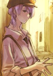  alley amane_shinji artist_name black_eyes black_hat building day hat highres looking_at_viewer medium_hair original outdoors own_hands_together purple_hair solo steepled_fingers suspenders upper_body yellow_background 