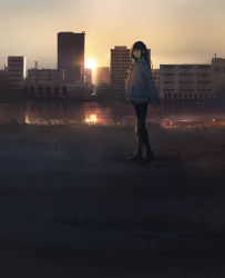 1girl black_pants brown_eyes brown_hair building casual city closed_mouth coat commentary_request evening from_side full_body grass hanno long_hair long_sleeves looking_afar matching_hair/eyes original pants plant pocket reflection river riverbank scenery sky sleeves_past_wrists solo standing sun sunlight sunset water white_coat wide_shot winter_clothes winter_coat rating:Sensitive score:11 user:danbooru