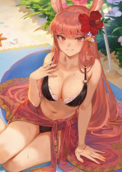  1girl afk_arena animal_ears arm_support bare_shoulders bikini black_bikini blush breasts character_request cleavage closed_mouth collarbone eyebrows flower hair_flower hair_ornament hand_on_own_chest hand_up hibiscus highres large_breasts looking_at_viewer lyca_(afk_arena) mashuu_(neko_no_oyashiro) navel red_eyes red_hair sitting smile solo stomach swimsuit  rating:Sensitive score:51 user:danbooru