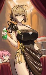 1girl ahoge anis_(nikke) bare_shoulders black_dress bodam breasts brown_dress cleavage closed_mouth collarbone doro_(nikke) dress goddess_of_victory:_nikke large_breasts light_blush light_brown_hair looking_at_viewer orange_eyes short_hair smile solo thighs two-tone_dress