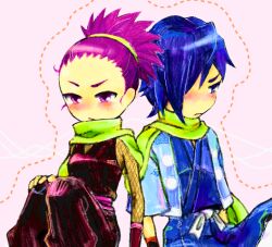  1boy 1girl blue_eyes blue_hair blue_kimono blush commentary_request creatures_(company) dotted_line embarrassed falkner_(pokemon) game_freak green_scarf hair_over_one_eye janine_(pokemon) japanese_clothes kimono nintendo pink_background pokemon pokemon_hgss purple_eyes purple_hair scarf shared_clothes shared_scarf sitting yuh_(250663) 