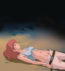  1girl absurdres belt closed_eyes clothes_pull colored_pubic_hair female_pubic_hair highres kaze_no_tani_no_nausicaa lying nausicaa on_back on_ground pants pants_pull pubic_hair qianxian_.ver red_hair solo studio_ghibli unconscious 