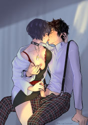 1boy 1girl absurdres amamiya_ren black_hair bra breasts closed_eyes collar erection french_kiss handjob highres jewelry kiss lab_coat lace lace-trimmed_bra lace_trim miracleyuuki necklace nipples one_breast_out pants penis persona persona_5 plaid plaid_pants red_bra school_uniform short_hair shuujin_academy_school_uniform sitting sitting_on_lap sitting_on_person studded_choker studded_collar sweat takemi_tae unaligned_breasts underwear undressing rating:Explicit score:174 user:danbooru