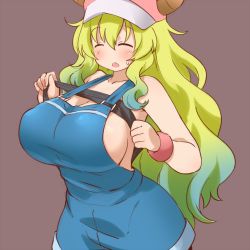 10s 1girl bare_shoulders baseball_cap blonde_hair blush breasts cleavage closed_eyes clothes_lift collarbone commentary_request curvy dragon_girl dragon_horns gradient_hair green_hair hat hondarai horns huge_breasts kobayashi-san_chi_no_maidragon long_hair lucoa_(maidragon) multicolored_hair no_bra open_mouth overalls shiny_skin shirt_lift sideboob simple_background solo standing suspenders sweatdrop tank_top wide_hips wristband rating:Sensitive score:86 user:danbooru