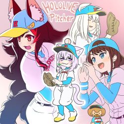  4girls :3 animal_ears backwards_hat balancing_on_head baseball baseball_(object) baseball_cap baseball_glove baseball_uniform belt black_hair blue_hat blue_shirt blush braid brown_hair cat_ears cat_girl cat_tail character_request closed_eyes commentary_request ears_through_headwear english_text fox_ears fox_girl half-closed_eyes hand_up hat hololive layered_sleeves long_hair long_sleeves looking_ahead looking_at_viewer magari_(c0rn3r) medium_hair mouth_hold multicolored_hair multiple_girls nekomata_okayu ookami_mio oozora_subaru open_mouth pants pants_tucked_in purple_background purple_eyes red_hair shirakami_fubuki shirt shoes short_hair short_over_long_sleeves short_sleeves shouting_with_hands side_braid sidelocks simple_background smile sportswear stalk_in_mouth streaked_hair sweatband tail undershirt virtual_youtuber white_hair white_pants white_shirt wolf_girl wolf_tail wristband 