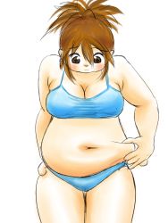 1girl belly belly_grab blue_bra bra breasts brown_eyes brown_hair cleavage medium_breasts midriff navel plump rokolo short_hair solo thick_thighs thigh_gap thighs thighs_together underwear weight_conscious  rating:Questionable score:11 user:leejunne