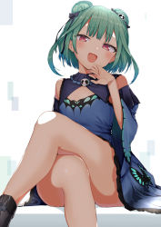 1girl :d black_bow black_footwear blue_dress blue_sleeves blush boots bow commentary_request crossed_legs detached_sleeves double_bun dress feet_out_of_frame frilled_dress frills green_hair hair_bow hair_bun hair_ornament hand_up highres hololive juliet_sleeves kura_ekaki long_sleeves looking_at_viewer open_mouth puffy_sleeves red_eyes sitting skull_hair_ornament smile solo thighs uruha_rushia uruha_rushia_(1st_costume) virtual_youtuber white_background wide_sleeves rating:Questionable score:40 user:danbooru