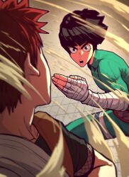 2boys absurdres bandaged_hand bandages battle black_eyes black_hair black_skirt blurry_edges bodysuit bowl_cut crossed_arms element_bending eyelashes facing_to_the_side feet_out_of_frame fighting_stance fingernails fishnet_sleeves fishnets floating_hair gaara_(naruto) geokinesis green_bodysuit hand_up highres konohagakure_symbol looking_at_another male_focus multiple_boys naruto naruto_(series) ninja nostrils open_mouth outline red_hair rock_lee sand short_hair short_sleeves sidelighting skirt strap teeth thick_eyebrows thigh_strap thirdphp tile_floor tiles toned toned_male v-shaped_eyebrows white_outline wide-eyed