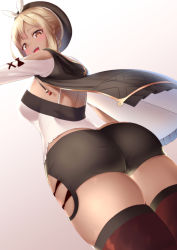 1girl alternate_color ass atelier_(series) atelier_ryza bare_shoulders black_shorts blonde_hair breasts brown_eyes cameltoe dearonnus from_behind from_below hair_ornament hair_ribbon hairclip hat highres looking_at_viewer looking_down open_mouth reisalin_stout ribbon shiny_skin short_hair short_shorts shorts sideboob smile solo rating:Questionable score:35 user:armorcrystal