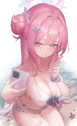  1girl absurdres alternate_costume bikini blue_archive blush breasts cleavage collarbone commentary_request crescent crescent_hair_ornament flower frilled_bikini frills from_above hair_bun hair_flower hair_ornament halo highres holding holding_phone jun_daniell large_breasts looking_at_viewer mika_(blue_archive) phone pink_hair pink_halo scrunchie simple_background single_hair_bun single_side_bun sitting smile solo starfish swimsuit white_background white_bikini wrist_scrunchie yellow_eyes 