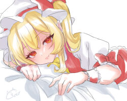  0002koko 1girl ascot bed_sheet blonde_hair blush bow closed_mouth commentary_request crossed_bangs eyelashes fang flandre_scarlet hair_between_eyes hair_over_shoulder happy hat highres lips looking_at_viewer lying mob_cap on_side puffy_short_sleeves puffy_sleeves red_bow red_eyes red_vest red_wrist_cuffs sheet_grab shirt short_sleeves side_ponytail signature simple_background sleeve_bow smile solo touhou tsurime upper_body vest white_background white_hat white_shirt wrist_cuffs yellow_ascot 