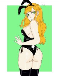  1girl @_(symbol) abe_300 animal_costume ass ass_focus black_clover curly_hair green_eyes long_hair looking_back mimosa_vermillion orange_hair rabbit_costume rabbit_ears rabbit_tail revealing_clothes solo 