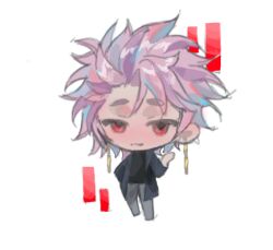  1boy black_coat black_shirt chibi chibi_only chinese_commentary closed_mouth coat commentary_request earrings grey_pants hand_up jewelry long_sleeves looking_at_viewer male_focus multicolored_hair no_gloves no_nose open_clothes open_coat pants ping_zao pink_hair purple_hair red_eyes saibou_shinkyoku shirt short_hair simple_background solo theodore_riddle transparent_background white_background 