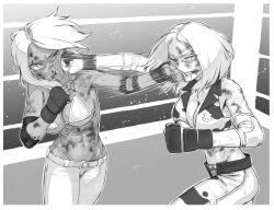  2girls catfight commission midriff multiple_girls muscular muscular_female pants pixiv_commission punching rggr rumble_roses tagme 