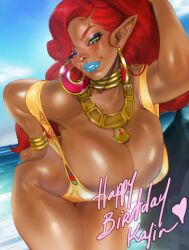  1girl absurdres bent_over big_hair blue_eyeshadow blue_lips blue_nails blue_sky bracelet breasts cleavage commentary dark-skinned_female dark_skin earrings english_commentary eyeshadow gerudo gift_art gold_one-piece_swimsuit green_eyes hair_pulled_back hand_on_own_hip happy_birthday highres hoop_earrings huge_breasts jewelry legs_together lime_lissa lipstick long_hair looking_at_viewer makeup mascara neck_ring necklace nintendo nose ocean one-piece_swimsuit one_eye_closed pointy_ears sky solo strap_slip swimsuit the_legend_of_zelda the_legend_of_zelda:_breath_of_the_wild thighs urbosa very_long_hair  rating:Sensitive score:108 user:danbooru