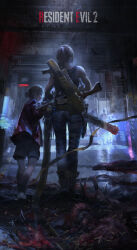  2girls bare_shoulders bird blood boots camisole child claire_redfield corpse denim facing_away from_behind glowing glowing_weapon grenade_launcher gun hair_bun height_difference high_ponytail highres jacket jeans licker_(resident_evil) long_hair long_sleeves looking_back multiple_girls pants resident_evil resident_evil_2 resident_evil_2_(remake) sherry_birkin shorts silhouette single_hair_bun smoke stu_dts walking weapon weapon_on_back 