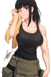 1girl absurdres airisubaka artist_name black_hair breasts cleavage closed_mouth collarbone en&#039;en_no_shouboutai expressionless highres large_breasts long_hair looking_at_viewer maki_oze one_eye_closed purple_eyes signature simple_background solo tank_top v-shaped_eyebrows white_background rating:Sensitive score:84 user:danbooru