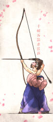  aiming archery arrow_(projectile) back blue_hakama bow_(weapon) brown_eyes brown_hair cherry_blossoms drawing_bow hakama hakama_skirt highres holding holding_arrow holding_bow_(weapon) holding_weapon ironlily japanese_clothes kyuudou obi original sash skirt toned translation_request weapon yumi_(bow) 