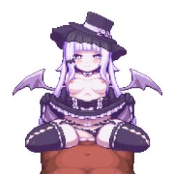 1boy 1girl alternate_color animated animated_gif bat_(animal) bat_wings black_panties black_thighhighs blunt_bangs blush bouncing_breasts breasts clothing_aside cowgirl_position crescent_moon cum cum_in_pussy elbow_gloves fang garnet_(erokosei) girl_on_top gloves gothic_lolita hat hetero hip_focus loli lolita_fashion long_hair lowres moon navel nipples open_mouth original pale_skin panties panties_aside penis pixel_art pussy ribbon sb_(coco1) sex simple_background small_breasts smile spread_legs straddling thighhighs thighs topless torogao underwear vampire veil white_background white_eyes white_hair wings rating:Explicit score:105 user:BlueBaroness