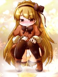  1girl anus blonde_hair blush cleft_of_venus clothes_pull lobotomy_corporation loli orion_hagane pantyhose pantyhose_pull peeing project_moon puddle pussy solo squatting tiphereth_a_(project_moon) uncensored yellow_eyes  rating:Explicit score:30 user:akarin_akari