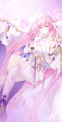  1girl absurdly_long_hair absurdres akashin bare_shoulders bell black_shorts boots breasts bridal_veil chinese_commentary collarbone commentary_request crystal_flower detached_sleeves diamond-shaped_pupils diamond_(shape) dress elysia_(herrscher_of_human:ego)_(honkai_impact) elysia_(honkai_impact) flower foot_out_of_frame gloves hair_intakes hair_ornament highres holding holding_flower honkai_(series) honkai_impact_3rd knee_boots large_breasts long_hair looking_at_viewer multicolored_hair o-ring_dress pink_background pink_flower pink_hair pink_rose pink_theme pointy_ears purple_eyes rose shorts smile solo strapless strapless_dress streaked_hair symbol-shaped_pupils veil very_long_hair white_dress white_footwear white_gloves white_sleeves white_veil 