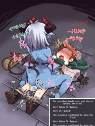  1boy 1girl amagaeru_(hylathewet) bad_end barefoot blue_skin blush clothed_male_nude_female clothes_pull colored_skin cowgirl_position cum cum_in_pussy defeat demon_girl energy_drain faceless faceless_male feet femdom gameplay_mechanics hetero highres horns lying monster_girl nude open_mouth orange_hair pants pants_pull pointy_ears rape sex shield short_hair shota silver_hair straddling tail translated vaginal weapon wings  rating:Explicit score:275 user:dekumon
