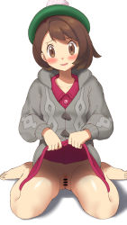 1girl bar_censor barefoot blush bob_cut brown_eyes brown_hair buttons cable_knit cardigan censored clothes_lift collared_dress commentary_request creatures_(company) dai_(uhyoko1102151) dress dress_lift eyelashes full_body game_freak gloria_(pokemon) green_hat grey_cardigan hat highres hooded_cardigan lifting_own_clothes nintendo no_panties open_mouth pink_dress pokemon pokemon_swsh pussy raised_eyebrows shiny_skin short_hair sitting smile solo tam_o&#039;_shanter toes white_background rating:Explicit score:78 user:danbooru