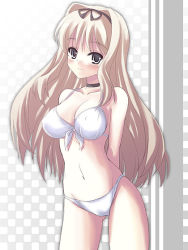  1girl blush bra breasts brown_eyes choker cowboy_shot medium_breasts smile solo standing underwear very_long_hair  rating:Questionable score:2 user:thehomeboi097