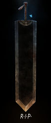  asdj berserk black_background clip_studio_paint_(medium) commentary dragonslayer_(sword) english_commentary english_text fairy highres huge_weapon miura_kentarou_(mangaka) no_humans rest_in_peace_(phrase) sword two-handed_sword weapon weapon_focus 