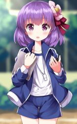  1girl alternate_costume blue_jacket blue_shorts blush clipboard collarbone commentary_request flower gym_shorts gym_uniform hair_flower hair_ornament hieda_no_akyuu highres holding holding_clipboard jacket outdoors parted_lips purple_eyes purple_hair ruu_(tksymkw) short_hair shorts solo standing stopwatch touhou watch whistle whistle_around_neck 