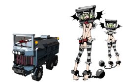  ass ball_and_chain_restraint barefoot bela_guillotinna black_toenails cage cuffs demon_wings english_text guillotine heart_lock nail_polish official_art prison_clothes promotional_art restrained striped_clothes tailenders thong toenail_polish toenails tongue tongue_out vehicle wings 