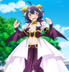  1girl ahoge bat_wings blush breasts breasts_out corset elbow_gloves embarrassed fang gloves highres hiiragi_utena horns magia_baiser magical_girl mahou_shoujo_ni_akogarete medium_breasts navel official_art open_mouth outdoors pasties purple_hair revealing_clothes screencap star_(symbol) star_pasties stitched stomach symbol-shaped_pupils tagme third-party_edit wings  rating:Questionable score:32 user:KRider19