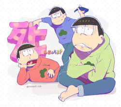 3boys barefoot bloodshot_eyes blue_hoodie brothers clenched_teeth crossed_arms crossed_legs dotted_background green_hoodie holding holding_removed_eyewear hood hoodie leaning_on_object looking_at_viewer lying male_focus matsuno_choromatsu matsuno_karamatsu matsuno_osomatsu multiple_boys on_side open_mouth osomatsu-san red_hoodie show_chiku-by siblings simple_background sitting snot sunglasses sunken_cheeks teeth triangle_mouth unworn_eyewear white_background