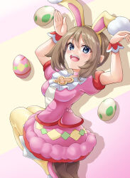 1girl animal_ears breasts brown_hair creatures_(company) dress easter egg fake_animal_ears game_freak highres may_(pokemon) may_(spring_2021)_(pokemon) medium_breasts nintendo nobea open_mouth pink_background pink_dress pokemon pokemon_egg pokemon_masters_ex rabbit_ears rabbit_pose solo two-tone_background yellow_background