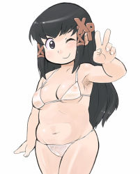 1girl armpit_hair bikini black_eyes black_hair breasts long_hair looking_at_viewer medium_breasts one_eye_closed ookamiuo plump see-through smile solo standing swimsuit v xp-tan rating:Questionable score:27 user:lorddragon