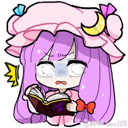  1girl ^^^ artist_name asaka_haru123 book bow chibi commentary_request crescent crescent_hat_ornament cropped_torso hair_bow hat hat_ornament highres holding holding_book long_hair long_sleeves looking_at_viewer mob_cap open_book open_mouth patchouli_knowledge pink_hat purple_hair red_bow scared signature simple_background solo surprised touhou twitter_username watermark wavy_mouth white_background 