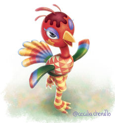  1girl animal_crossing bird cecilia_cherullo nintendo one_eye_closed ostrich rio_(animal_crossing) simple_background standing standing_on_one_leg waving white_background 