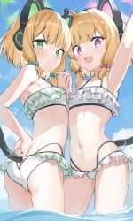  2girls :d animal_ear_headphones animal_ears arm_up armpits bad_id bad_pixiv_id bikini blonde_hair blue_archive blue_sky blush bow cat_ear_headphones cat_tail closed_mouth cloud collarbone day fake_animal_ears green_bow groin hair_bow halo headphones highres holding_hands interlocked_fingers looking_at_viewer midori_(blue_archive) momoi_(blue_archive) multiple_girls navel nitoron ocean open_mouth outdoors pink_bow revision short_hair siblings sisters sky smile stomach swimsuit tail water  rating:Sensitive score:77 user:danbooru