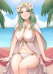  absurdres atorie beach bikini blue_sky blurry blurry_background breasts cleavage closed_mouth cloud collarbone fire_emblem fire_emblem:_three_houses fire_emblem_heroes flower green_eyes green_hair hair_flower hair_ornament hammock highres jewelry large_breasts long_hair looking_at_viewer matching_hair/eyes navel necklace nintendo ocean official_alternate_costume outdoors palm_tree rhea_(fire_emblem) rhea_(summer)_(fire_emblem) sitting sky smile swimsuit thighs tree white_bikini  rating:Sensitive score:2 user:Groveman