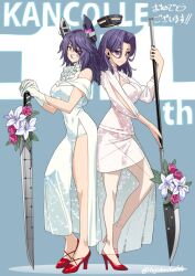  2girls alternate_costume bare_legs bare_shoulders breasts cleavage dress eyepatch flower full_body gloves hair_ornament halo hashtag-only_commentary headgear high_heels holding ifuji_shinsen kantai_collection large_breasts long_hair looking_at_viewer mechanical_ears mechanical_halo medium_hair multiple_girls planted planted_sword planted_weapon polearm purple_eyes purple_hair red_footwear sandals see-through shoes short_hair sleeveless smile standing sword tatsuta_(kancolle) tenryuu_(kancolle) weapon white_dress white_gloves yellow_eyes 