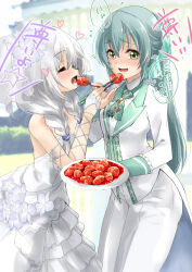 2girls absurdres aqua_bow aqua_hair ascot assault_lily bare_shoulders blurry blurry_background blush bow braid bridal_veil bride building bush chopsticks commentary_request commission cowboy_shot day dress dress_flower elbow_gloves facing_another feeding female_focus fingerless_gloves flower flying_sweatdrops food formal frilled_sleeves frills gloves green_ascot green_eyes grey_hair hair_between_eyes hair_flower hair_ornament hands_up heart highres holding holding_chopsticks holding_plate jacket lace-up_gloves layered_dress long_sleeves looking_ahead low_twin_braids low_twintails lower_teeth_only multiple_girls mutual_feeding nose_blush official_alternate_costume official_alternate_hairstyle open_mouth outdoors pant_suit pants pixiv_commission plate ponytail profile raised_eyebrows sauce shiozaki_suzume shrimp single_glove speech_bubble spoken_star standing star_(symbol) strapless strapless_dress striped_bow suit teeth toki_kureha translated twin_braids twintails urutsu_sahari veil wedding_dress white_dress white_flower white_gloves white_jacket white_pants white_suit wife_and_wife yuri