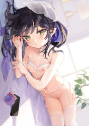 1girl black_hair blush breasts bridal_gauntlets cowboy_shot elbow_gloves functionally_nude garter_straps gloves highres indoors kedama_milk looking_at_viewer lying medium_hair nipples nude on_side original pointy_ears pubic_tattoo small_breasts smile solo sunlight sutora-chan tattoo thighhighs veil white_thighhighs window yellow_eyes rating:Questionable score:73 user:danbooru