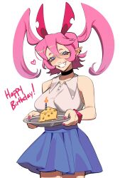  1girl :d absurdres bare_arms birthday_cake black_choker blue_eyes blue_skirt blush borrowed_character cake candle cheese choker clenched_teeth collared_shirt cowboy_shot ear_piercing fire food grin hairband happy_birthday highres holding holding_plate impossible_hair open_mouth original piercing pink_hair pink_hairband plate pleated_skirt pointy_ears porqueloin shirt skirt sleeveless sleeveless_shirt smile solo standing teeth twintails vinx_(kurdlez) white_shirt  rating:General score:2 user:danbooru